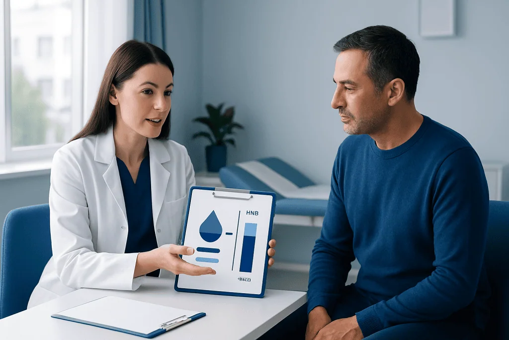 Doctor explaining blood test results to a patient in a medical office.