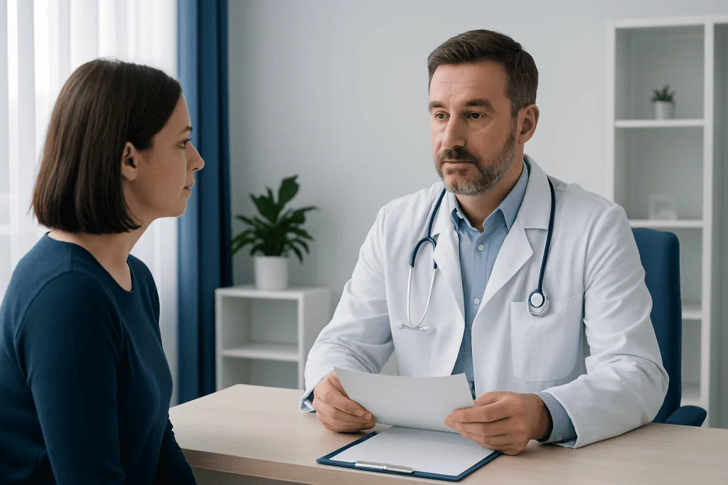 Doctor consulting with a patient in a medical office setting.