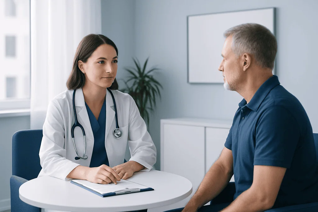 Doctor consulting with patient in a medical office setting.
