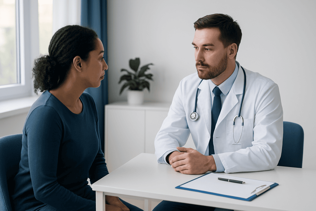 Doctor consulting with a patient in a medical office setting.