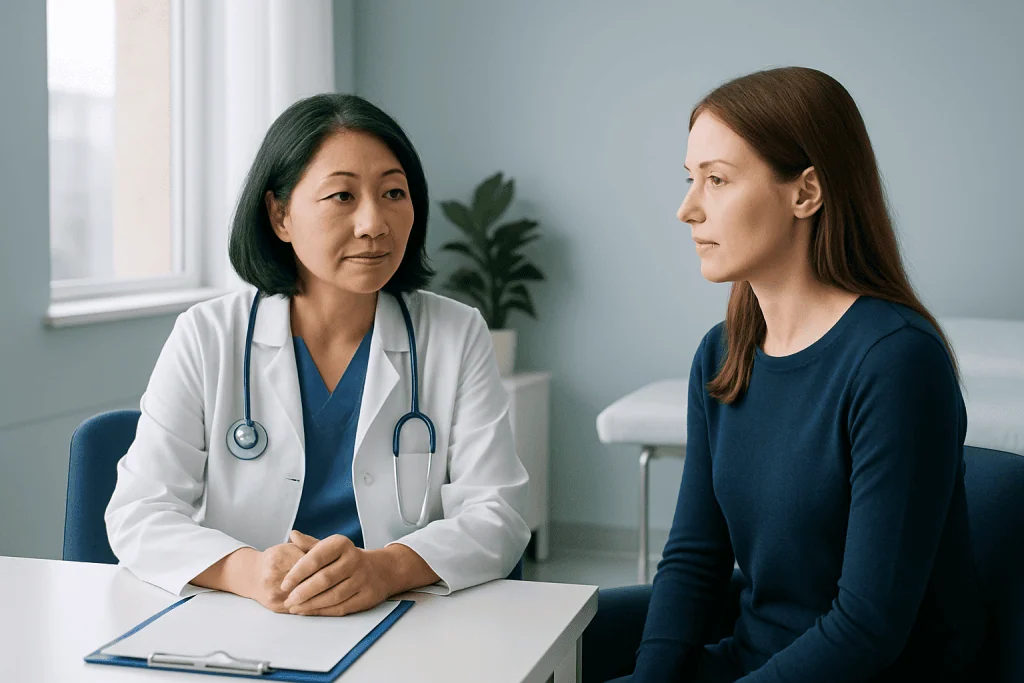Doctor consulting with patient in a medical office setting.