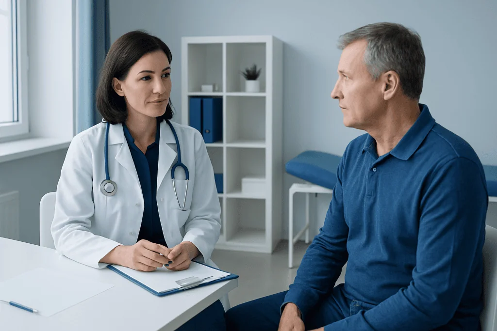 Doctor consulting with a male patient in a medical office.