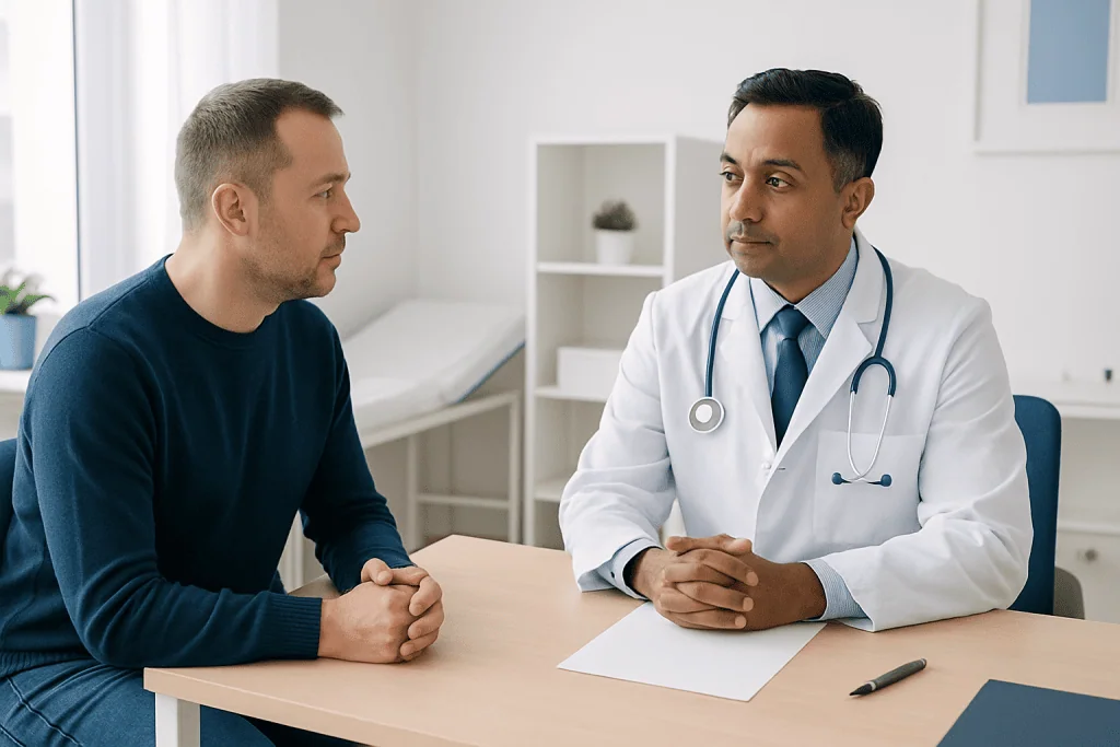 Doctor consulting with patient in a medical office setting.