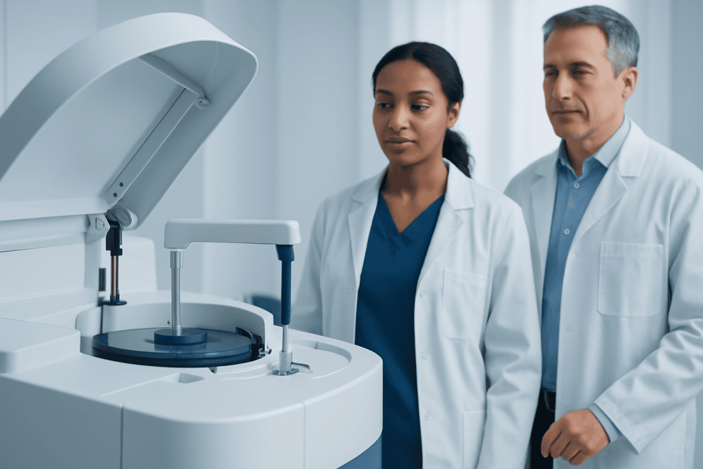 Medical professionals operating a laboratory centrifuge for blood tests.