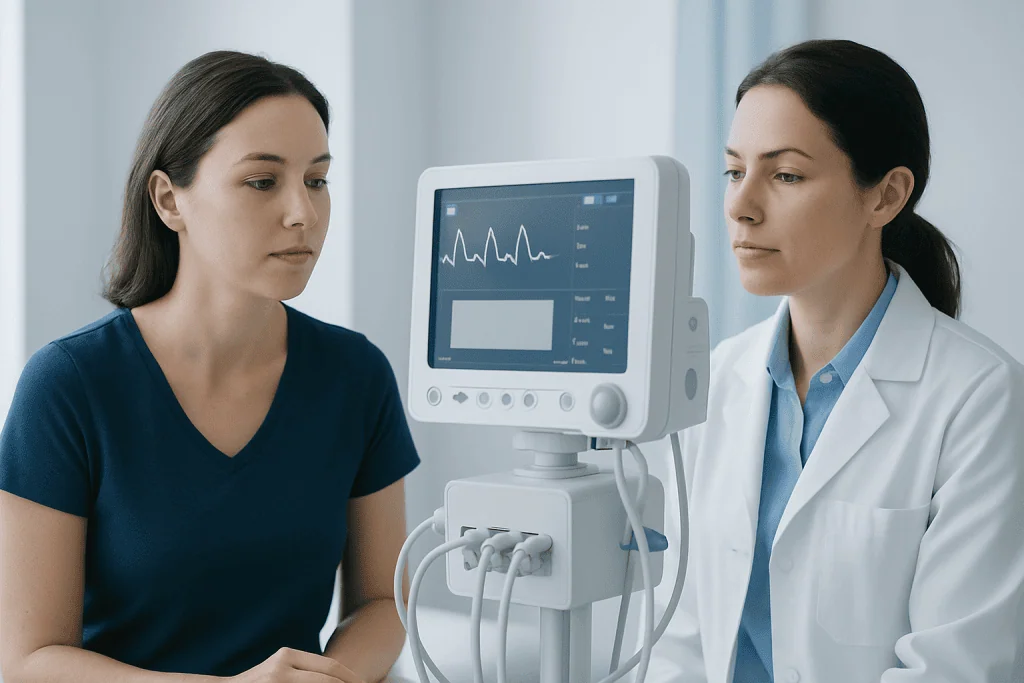 Medical professionals monitor patient with vital signs device in hospital.