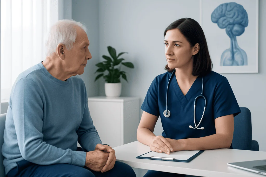 Doctor consulting with elderly patient in a medical office.