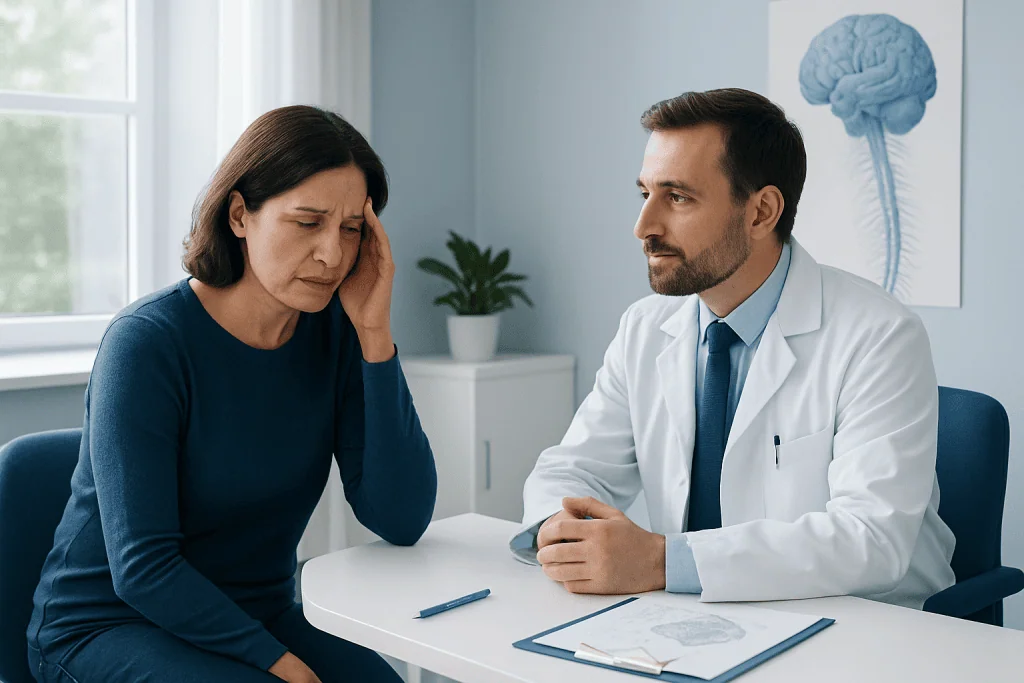 Doctor consulting with a woman experiencing headache symptoms in a medical office.