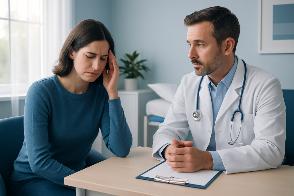 Doctor consulting with a woman experiencing headache in a medical office.