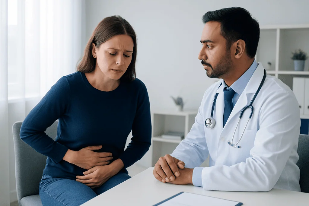 Woman experiencing stomach pain consulting a doctor in a clinic.