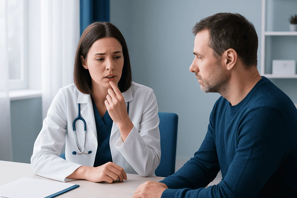 Doctor consulting with a patient about oral health issues.