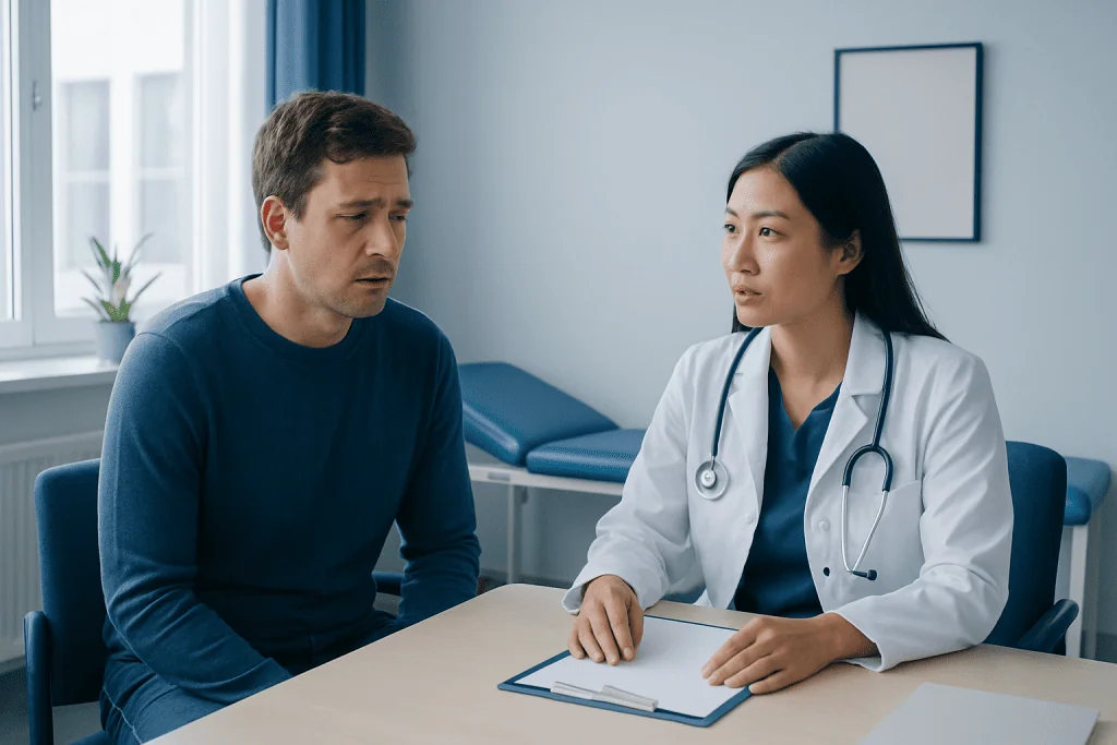 Patient consulting with doctor about health concerns in a medical office.