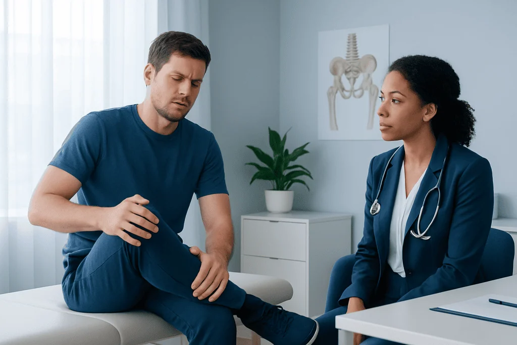 Patient consulting doctor about hip pain in a medical clinic.