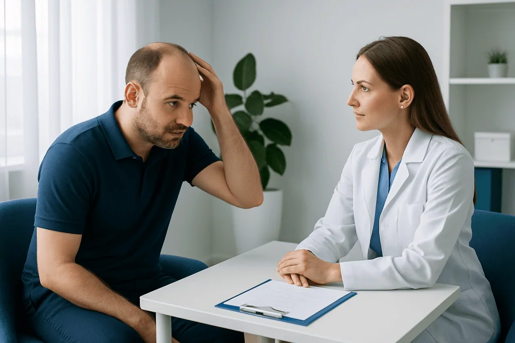 Patient consulting with doctor about hair transplant options at Acibadem Hospital.