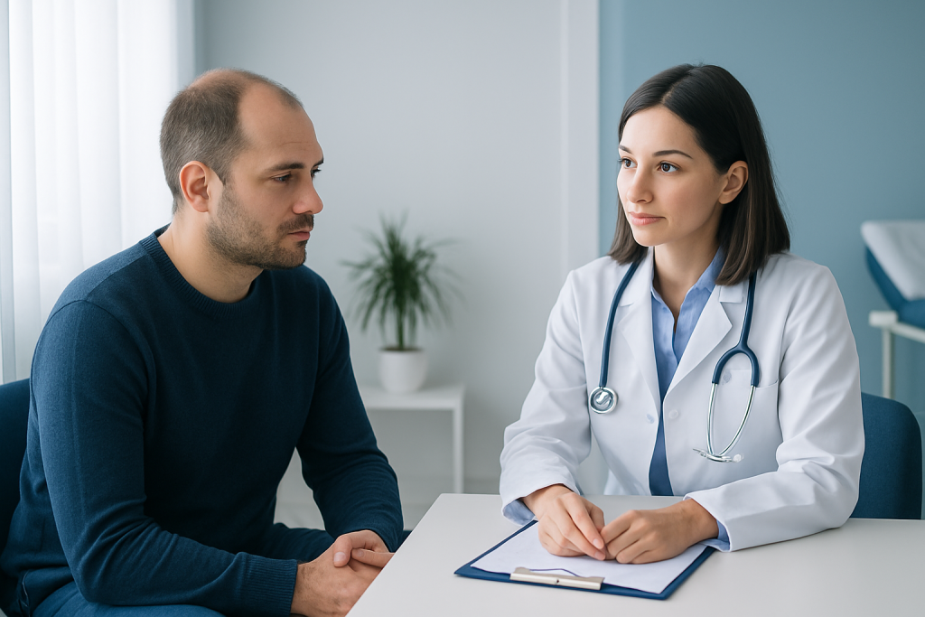 Doctor consulting with male patient in a modern clinic setting.