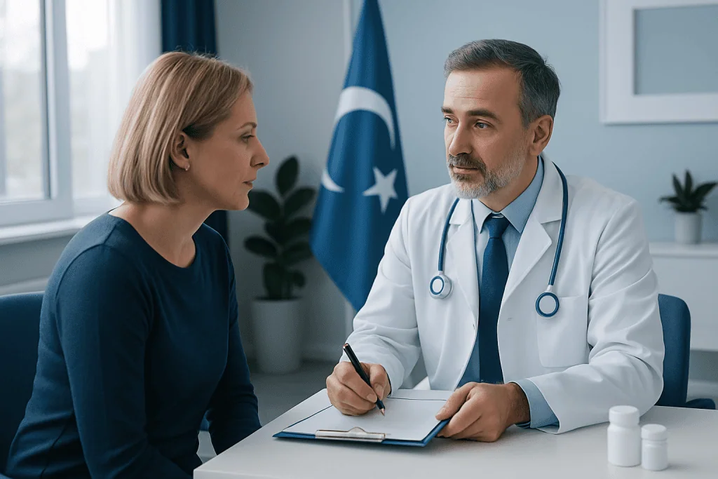 Doctor consulting with a female patient in a hospital office with Turkish flag in background.
