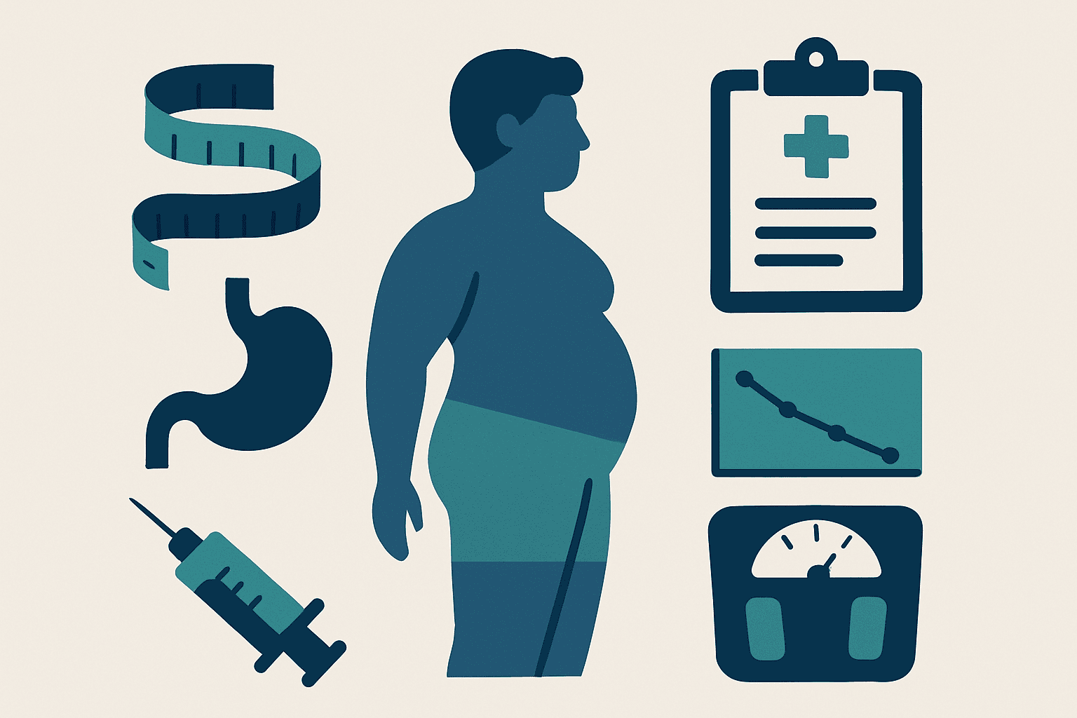 Illustration of weight management tools and health indicators for healthy weight loss.