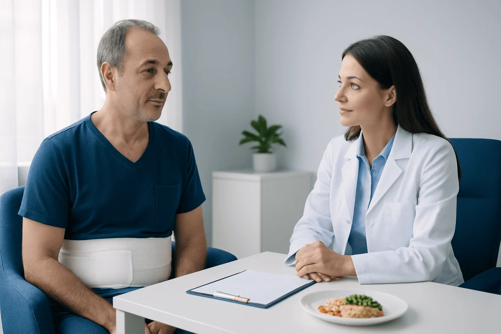 Doctor consulting with patient in hospital room during recovery.