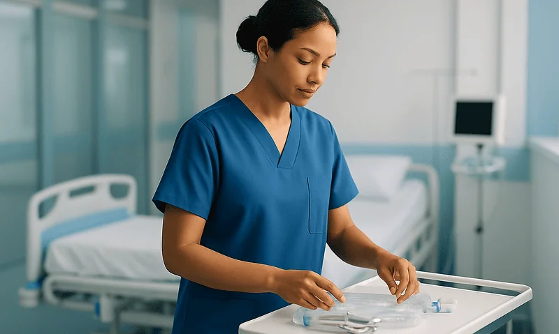 Healthcare professional preparing medical supplies in hospital room.