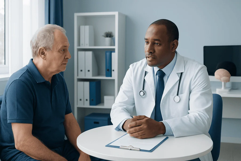 Doctor consulting with an elderly patient in a medical office.