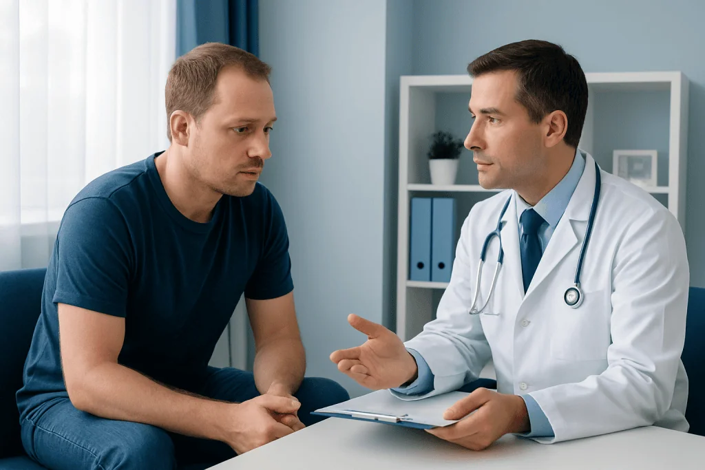 Doctor consulting with a male patient in a medical office.
