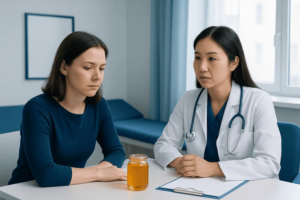 Doctor consulting with a patient about honey health benefits in a clinic.