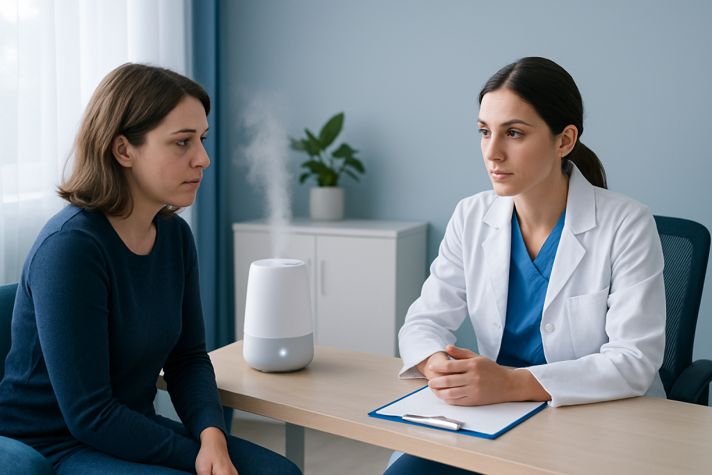Doctor explaining humidifier benefits to patient in consultation room.
