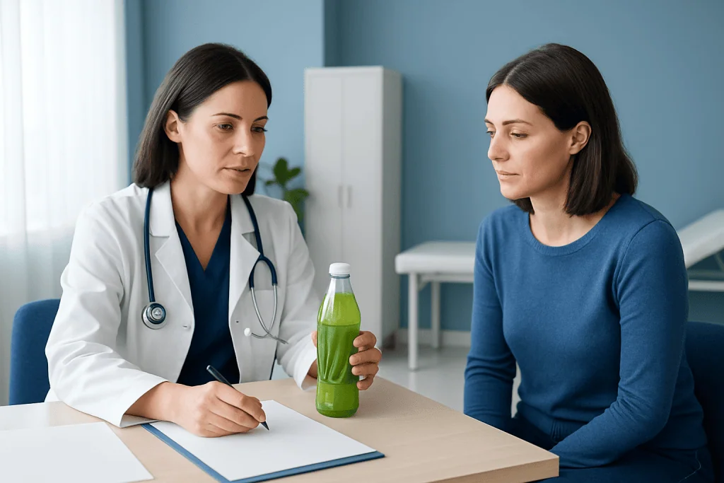 Doctor explaining aloe vera juice benefits to patient in clinic.
