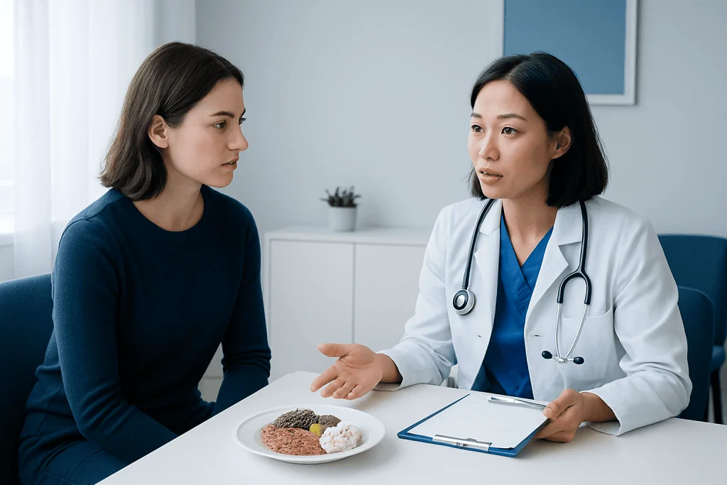 Doctor consulting with a patient about low carb high protein diet benefits.