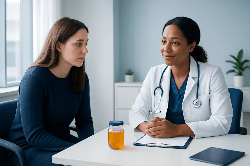Doctor consulting with a patient in a modern medical office.