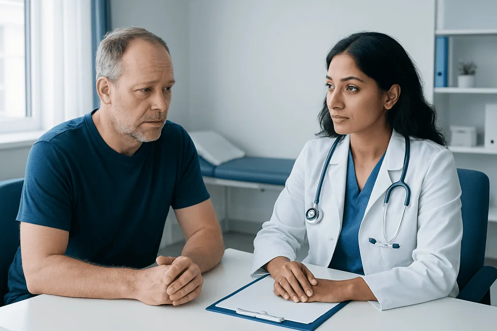 Doctor consulting with a middle-aged male patient in a medical office.