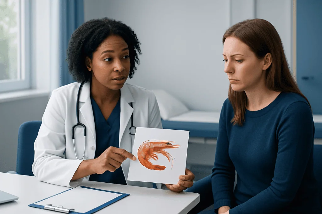 Doctor explaining shrimp allergy to patient in consultation room.