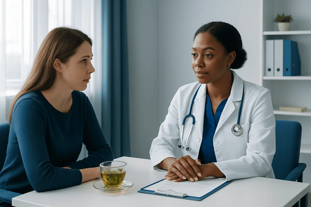 Doctor consulting a patient about peppermint tea health benefits in a clinic setting.
