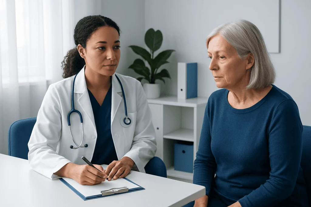 Doctor consulting with an elderly female patient in a medical office.