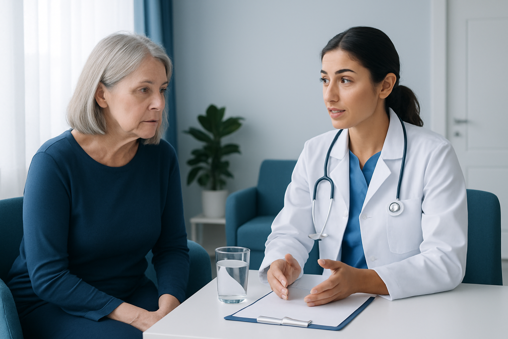Doctor consulting with an elderly female patient in a medical office.