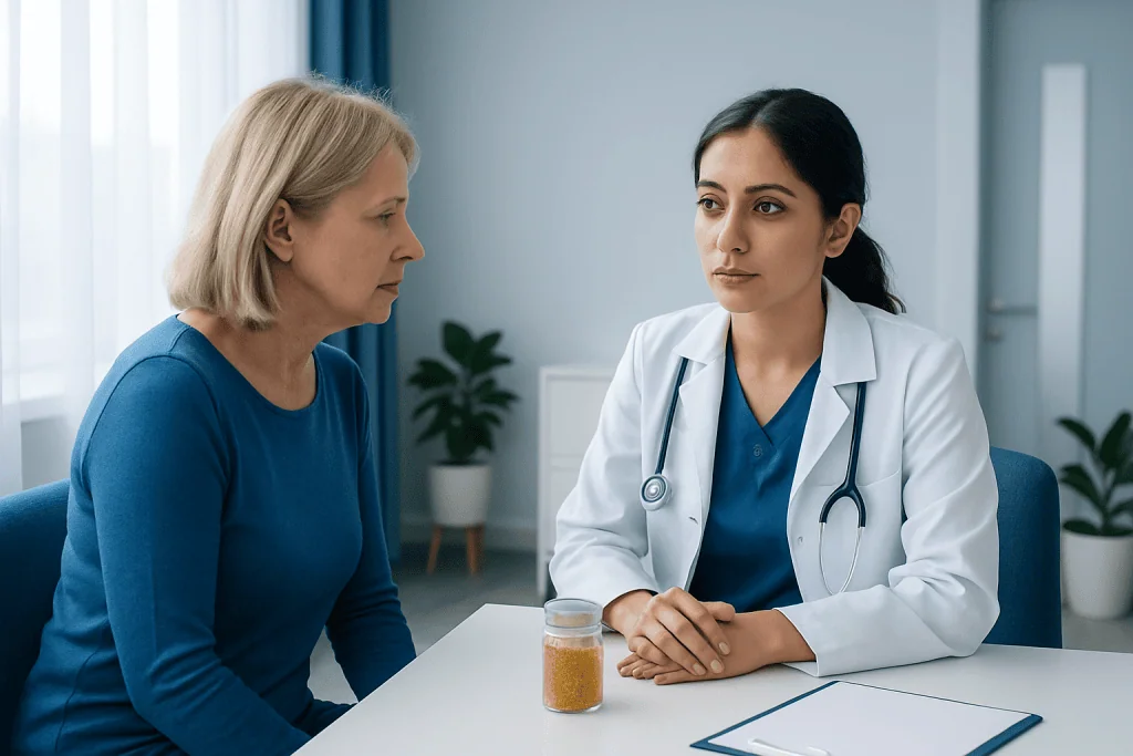 Doctor consulting with a female patient in a medical office setting.