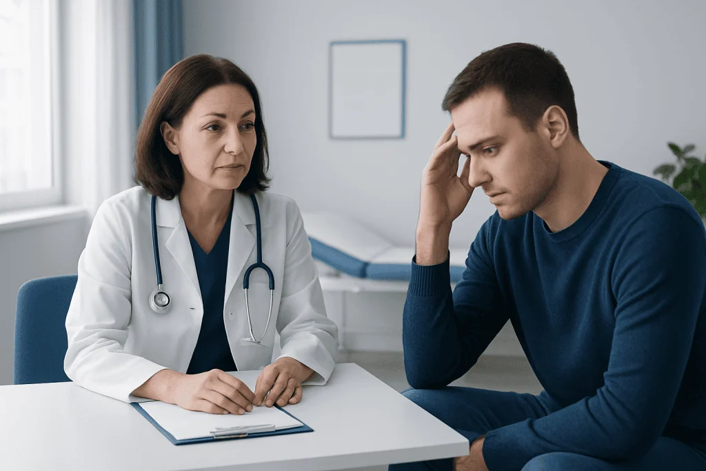 Doctor consulting with a young male patient in a medical office.