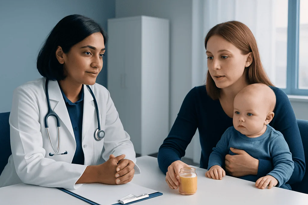 Pediatric consultation with a doctor and mother with baby in a clinic setting.