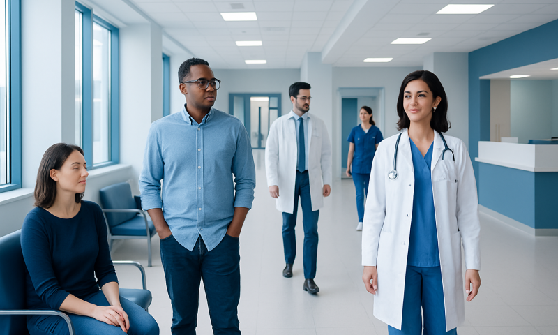 Medical professionals and patient in hospital corridor at Acibadem Hospitals Group.