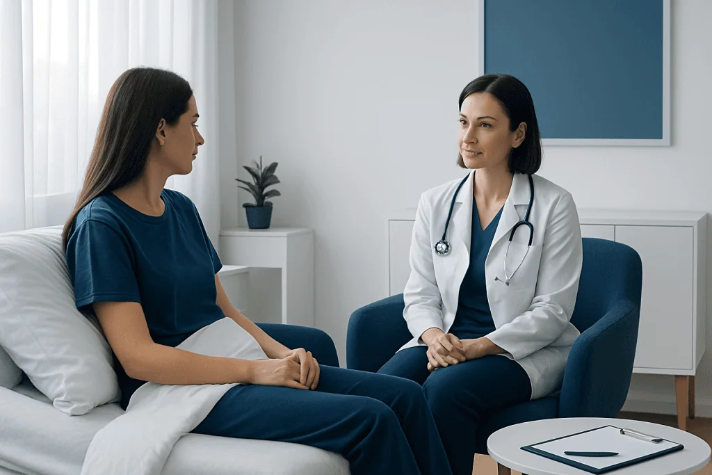 Doctor consulting with patient in a hospital room for post-treatment recovery.