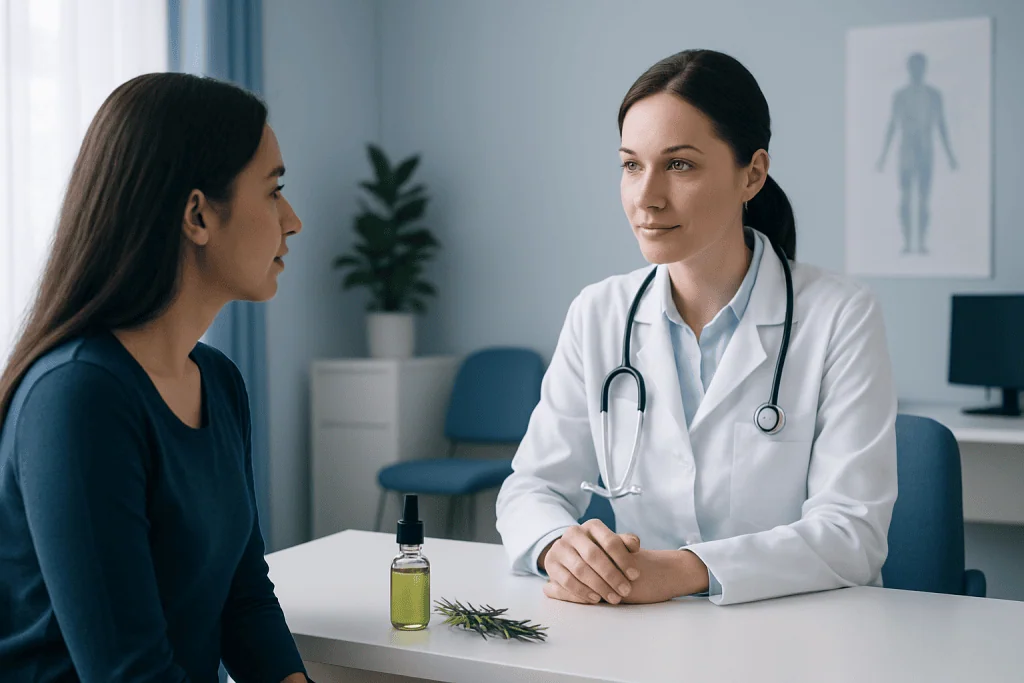 Doctor consulting a patient in a medical office with herbs and essential oil on the table.