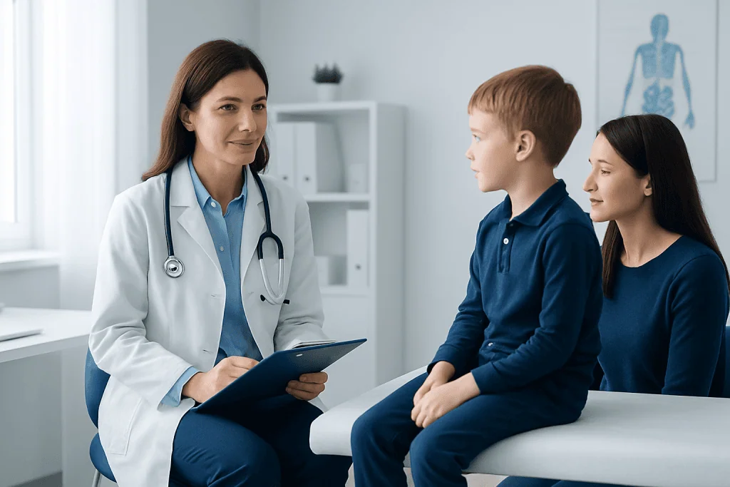 Pediatrician consulting with young boy and girl in a medical office.
