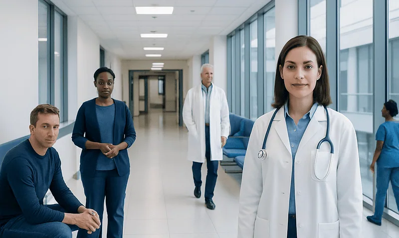 Medical team in hospital corridor with doctor in foreground.