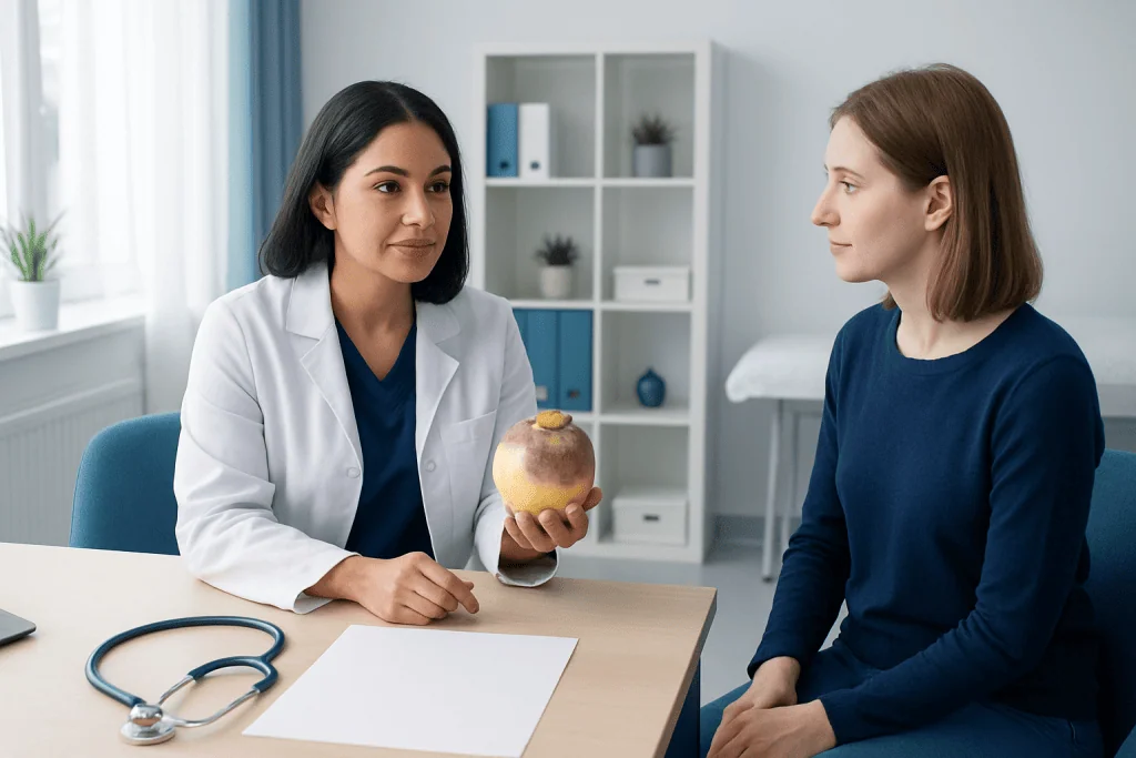 Doctor explaining health benefits of rutabaga to patient in clinic.