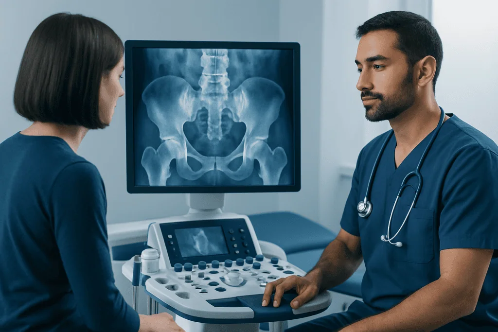 Medical consultation for sacrum and pelvic health with X-ray image.