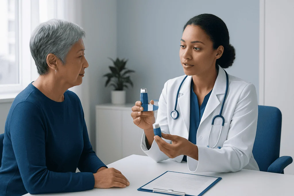 Doctor explaining medication to elderly patient in a consultation room.