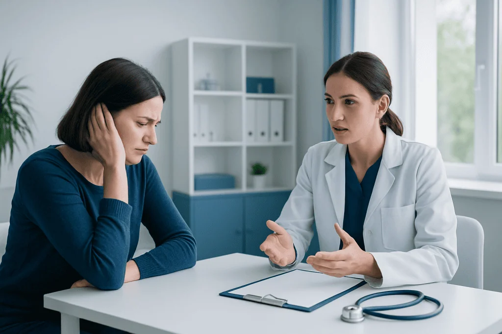 Doctor consulting with a patient about ear issues in a medical office.