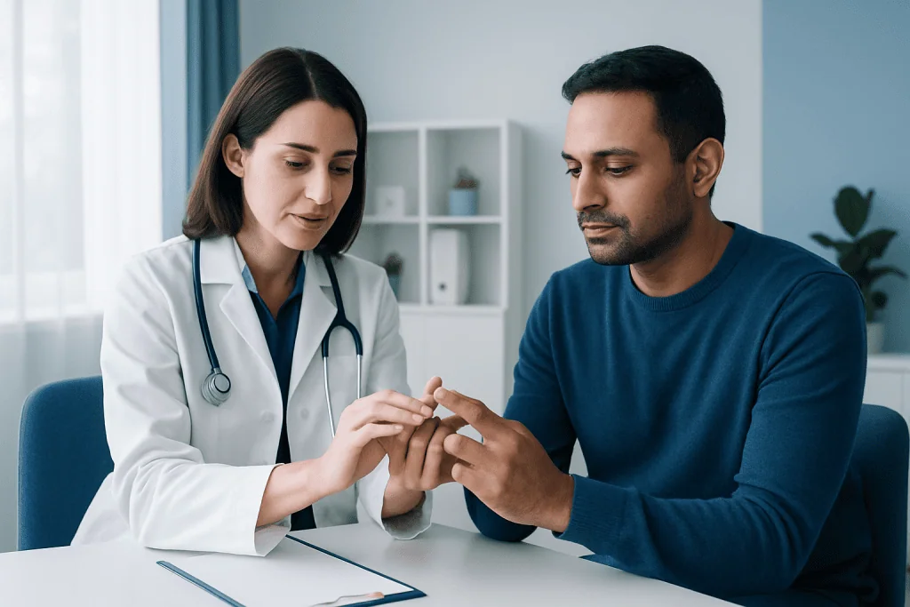 Doctor examining patient's finger for super glue removal.