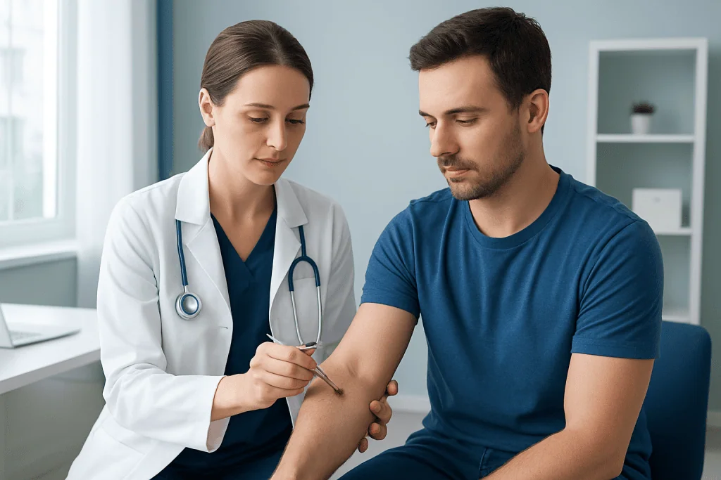 Doctor administering a vaccine shot to a patient in a clinical setting.