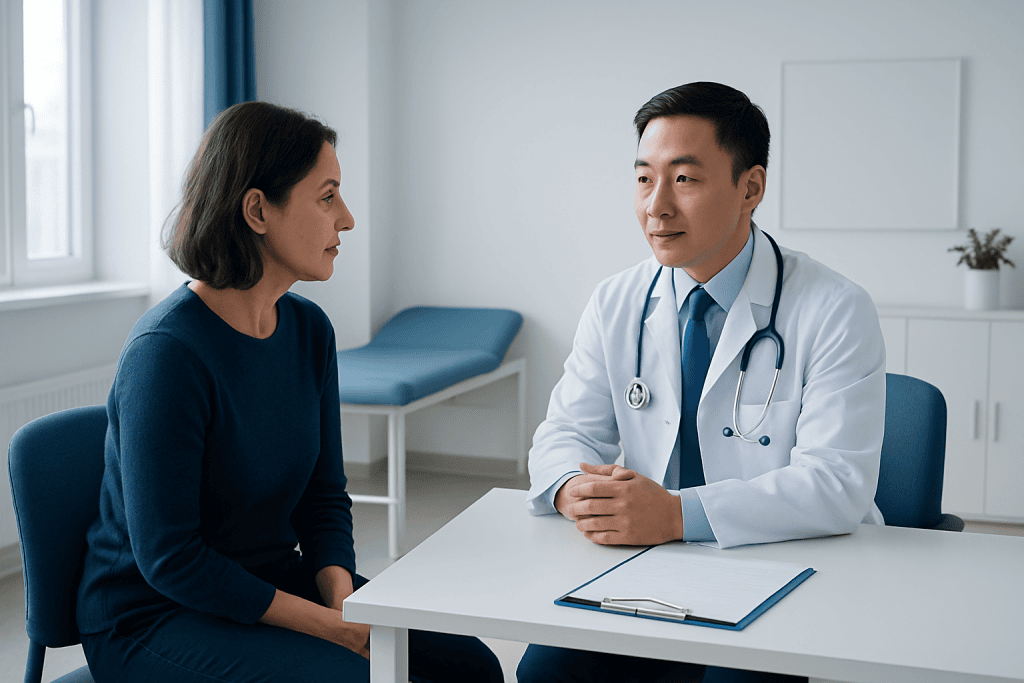 Doctor consulting a patient in a modern hospital room.