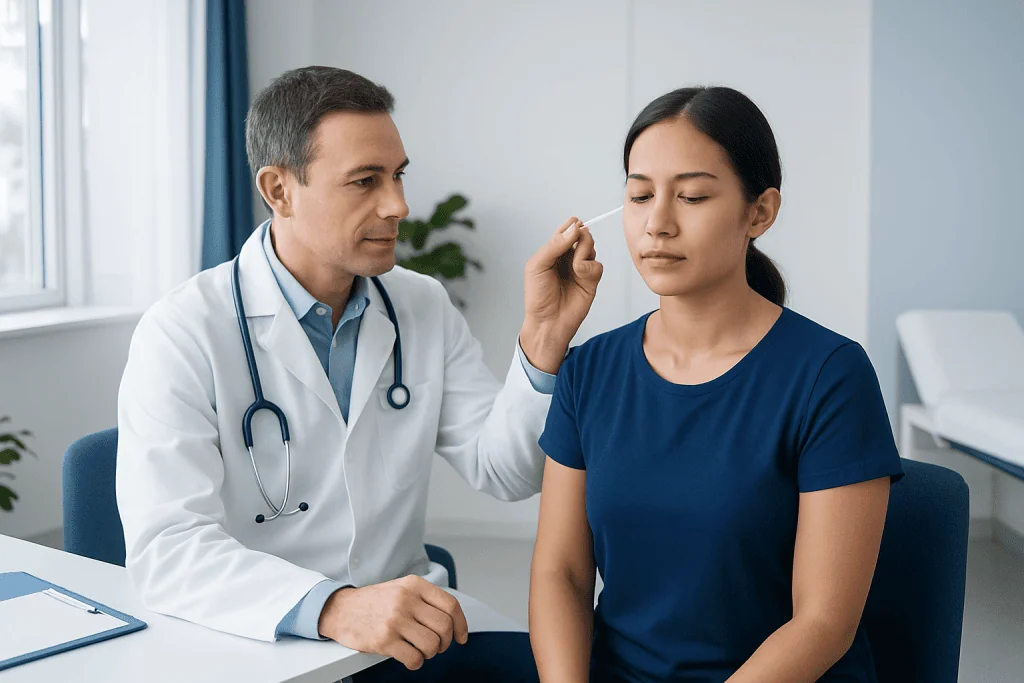Doctor examining patient's ear in a clinical setting.